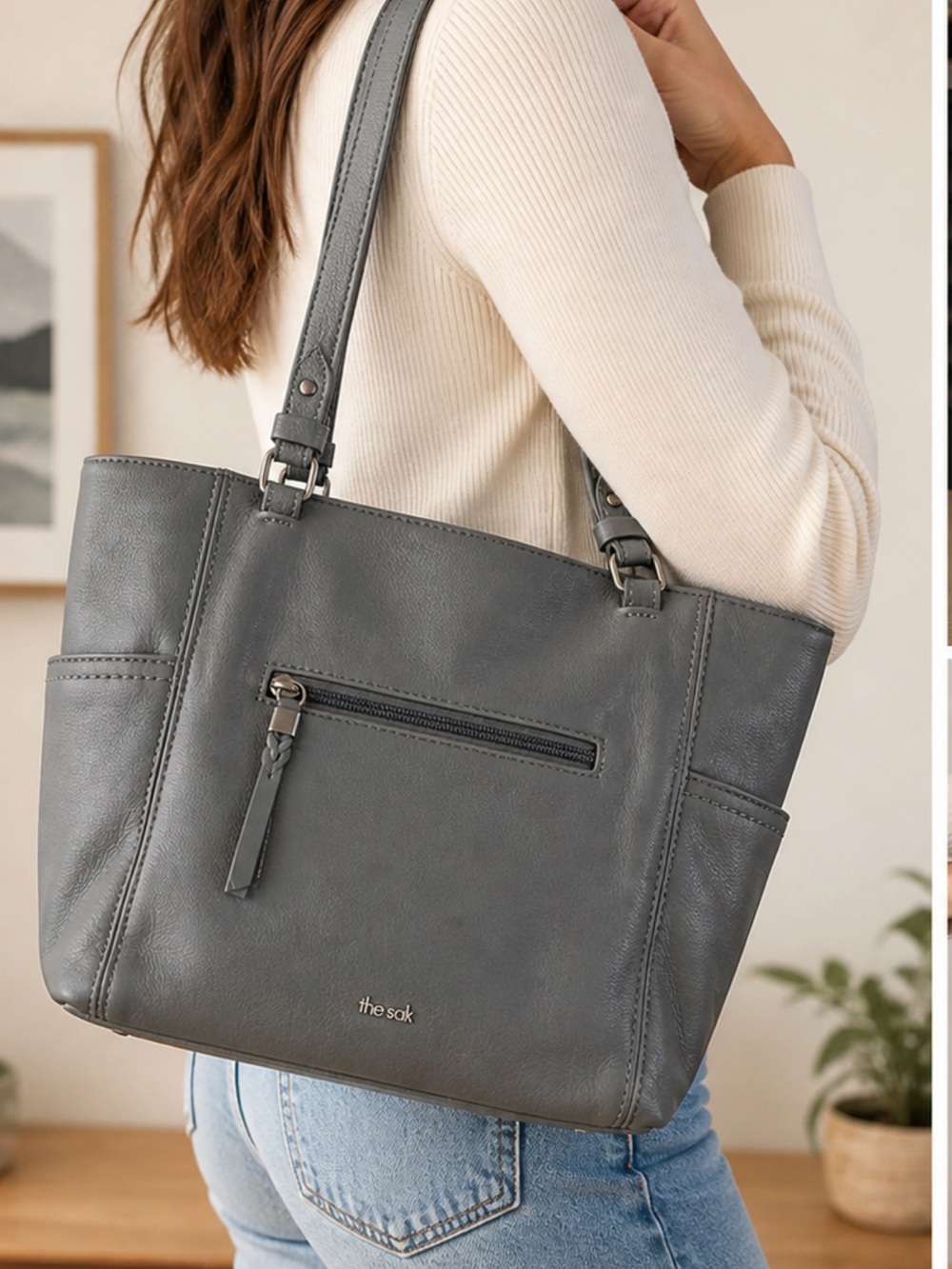 The Sak Gray Leather Tote Bag